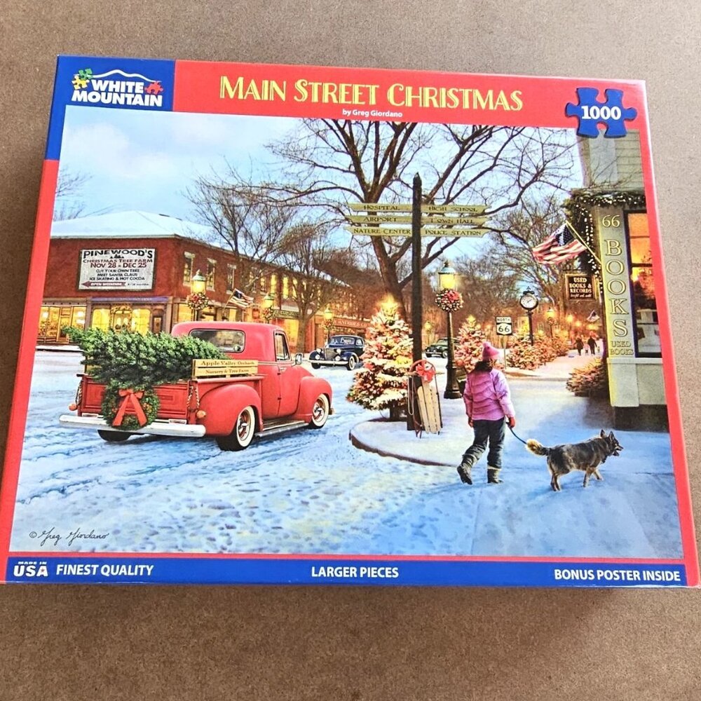 White Mountain "Main Street Christmas" 1000 Piece Jigsaw Puzzle Large Pieces EUC